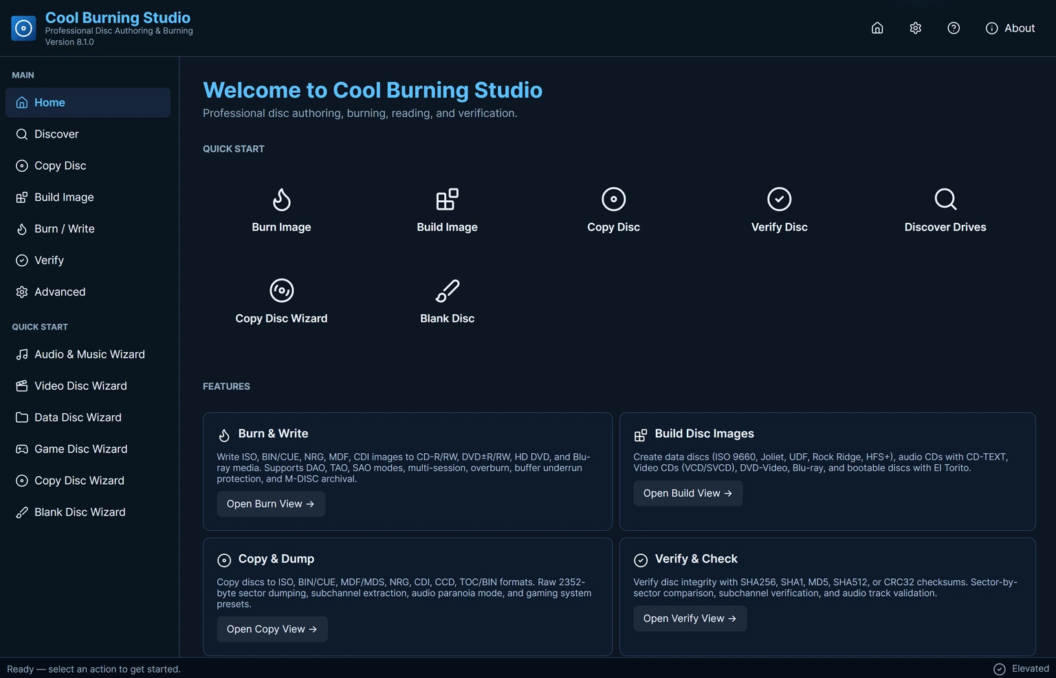 Cool Burning Studio · Disc project start screen