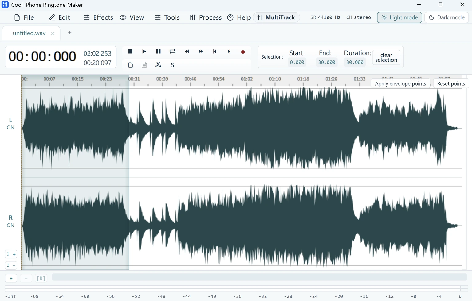 Cool iPhone Ringtone Maker · Audio clip editing workspace · 30-second selection