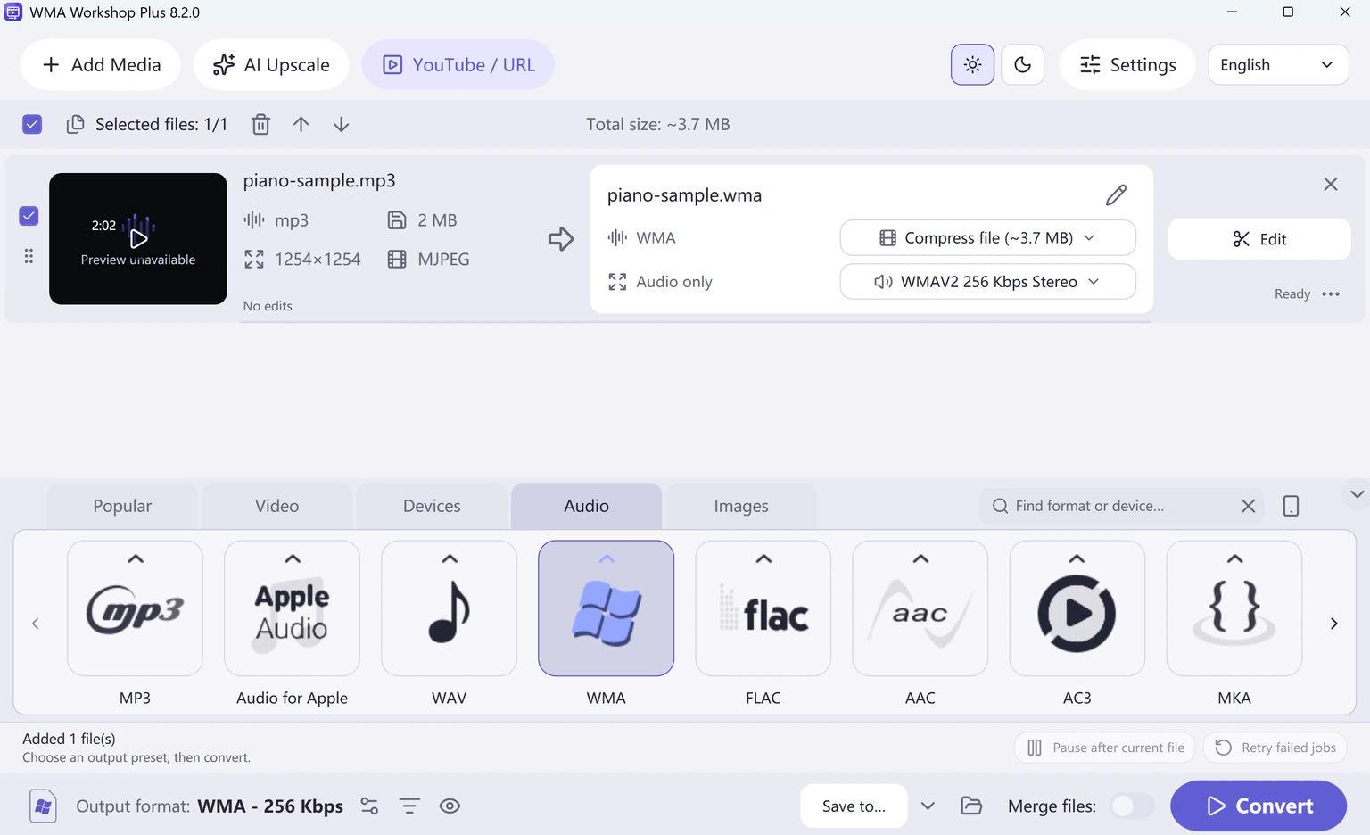 WMA Workshop Plus · Audio conversion workspace · WMA output selected