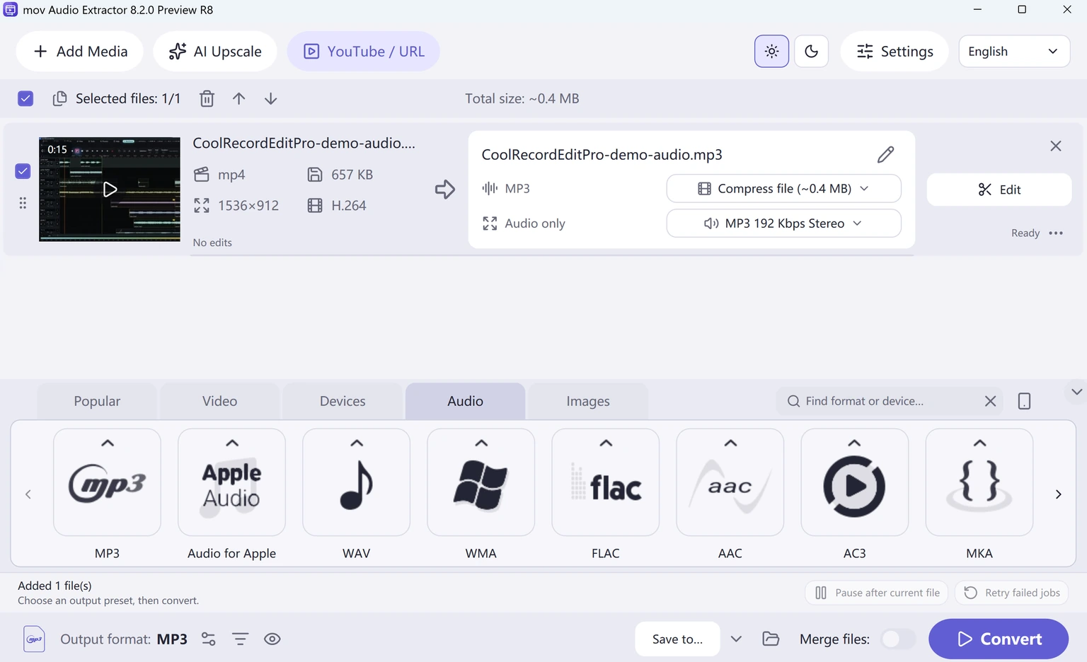 mov Audio Extractor · Video to audio workspace · MP3 output selected